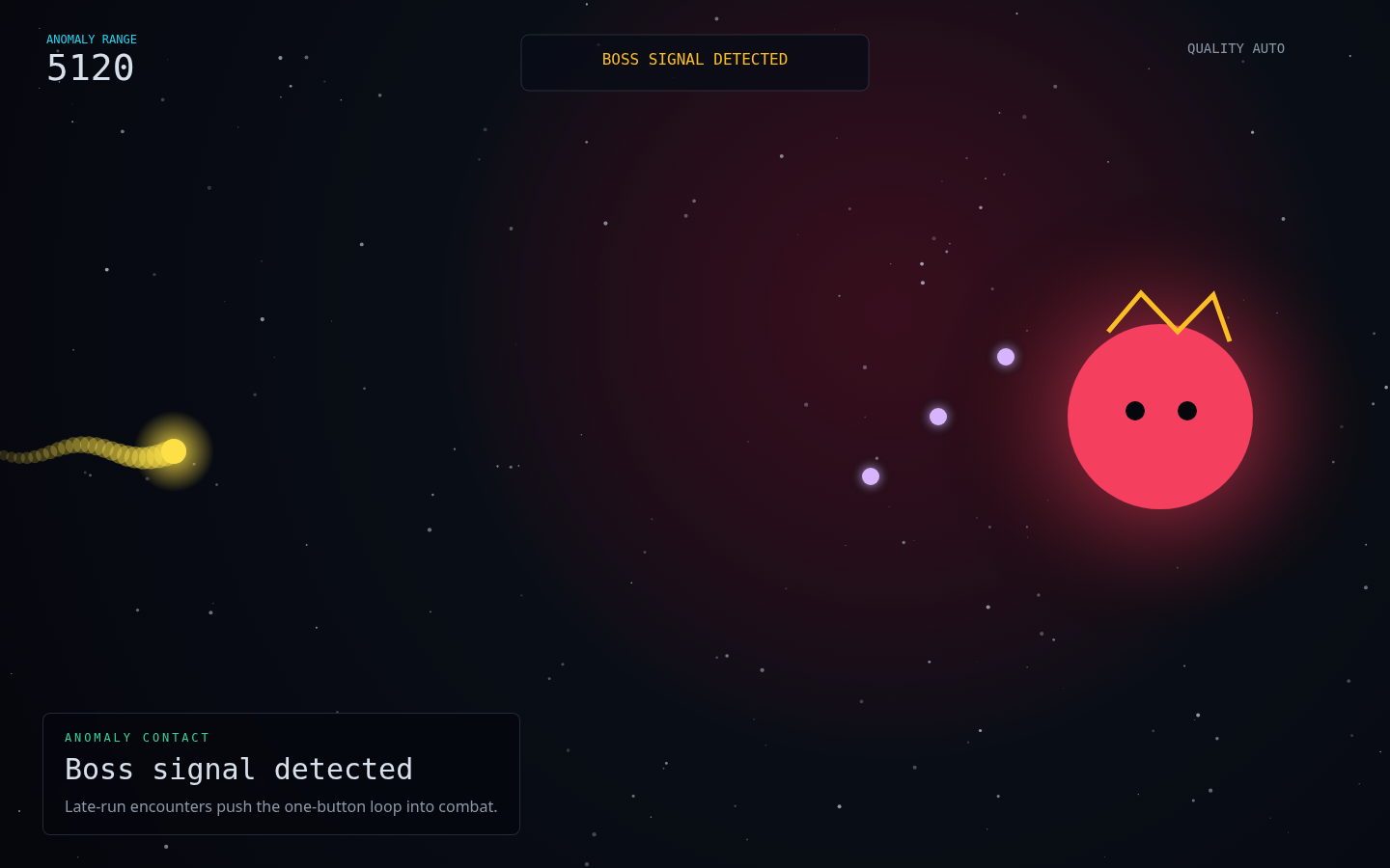 Boss encounter screenshot with red anomaly lighting, projectiles, and a crowned alien boss.