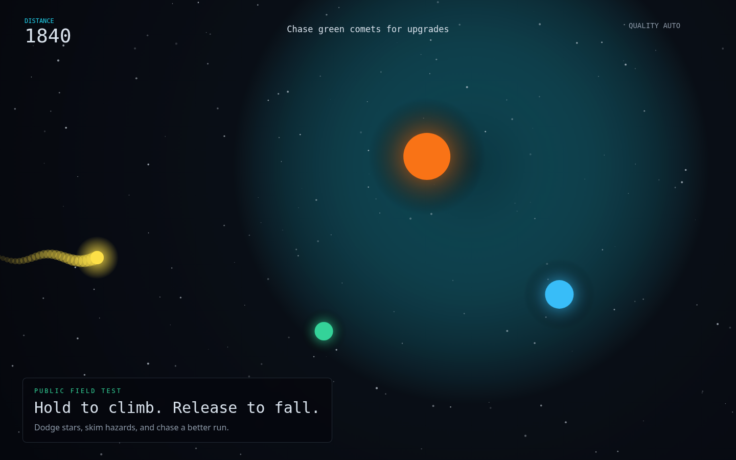 Gameplay screenshot showing the player star dodging hazards and chasing a green upgrade comet.