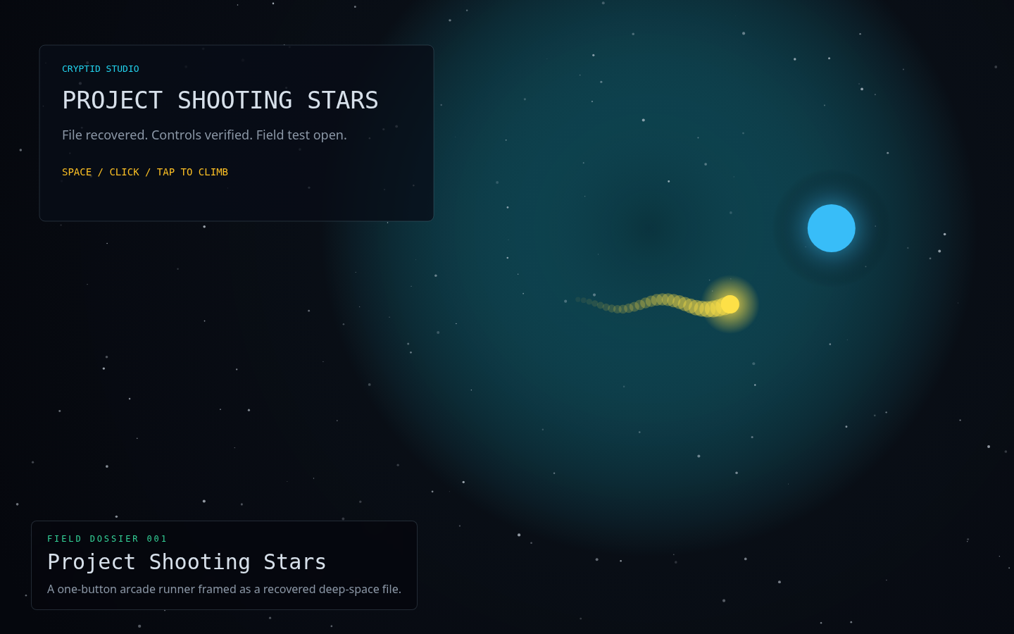 Project Shooting Stars start screen with a field dossier overlay and a glowing player star.